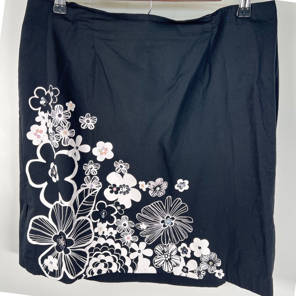 Venezia Vtg Black Floral Sequin Stretch‎ Cotton Skirt Womens 16 Graphic Print
